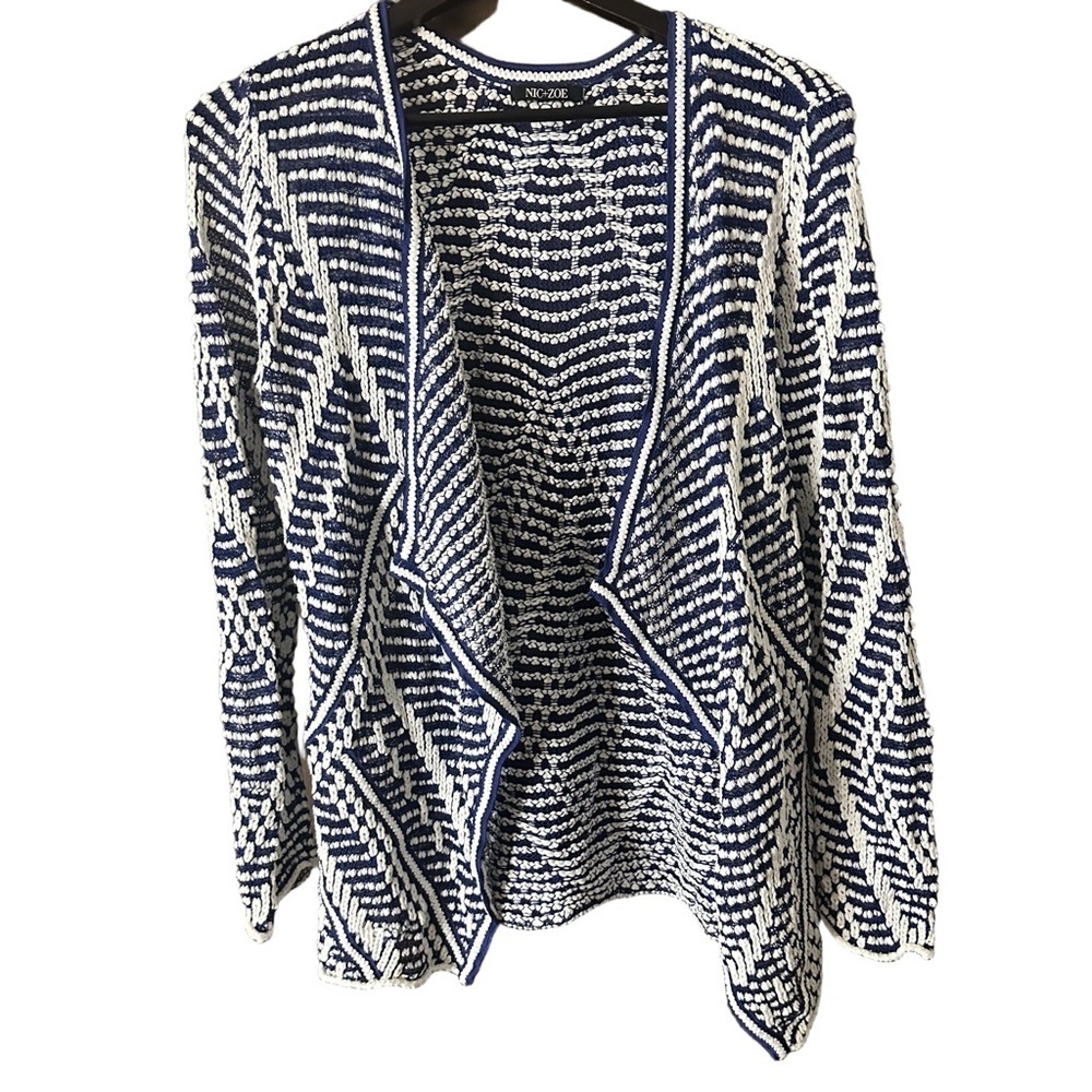 Nic and Zoe Open Front Cardigan Lightweight Navy White Geometric Texture Sz L